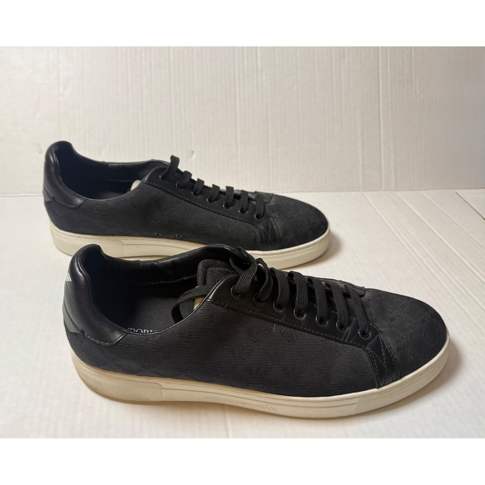 Emporio Armani Mens Black Jacquard Eagle Logo Low Top Sneakers Leather Trim 13 - Picture 3 of 9